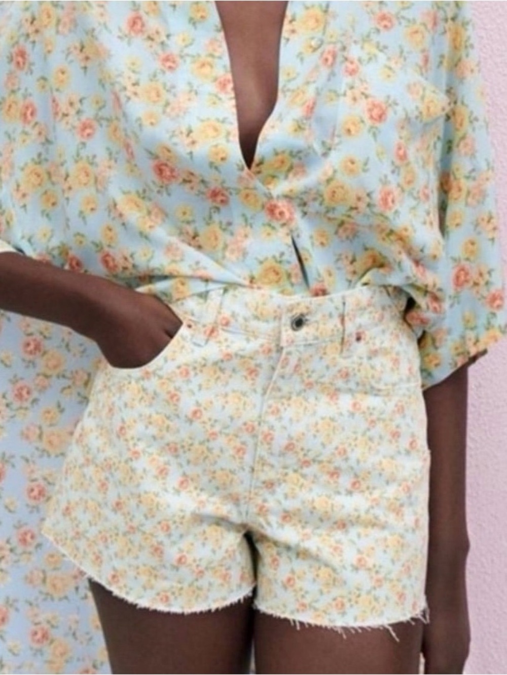 Zara Light Blue Floral Denim Shorts